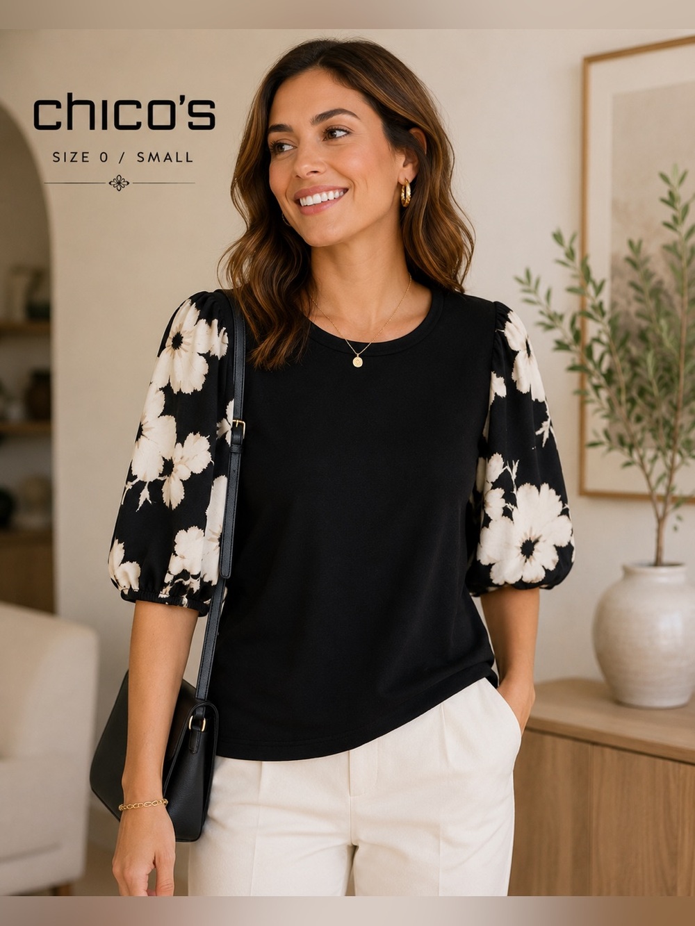 Chico’s Size 0 Small Black Floral Balloon Sleeve Mixed Media Top